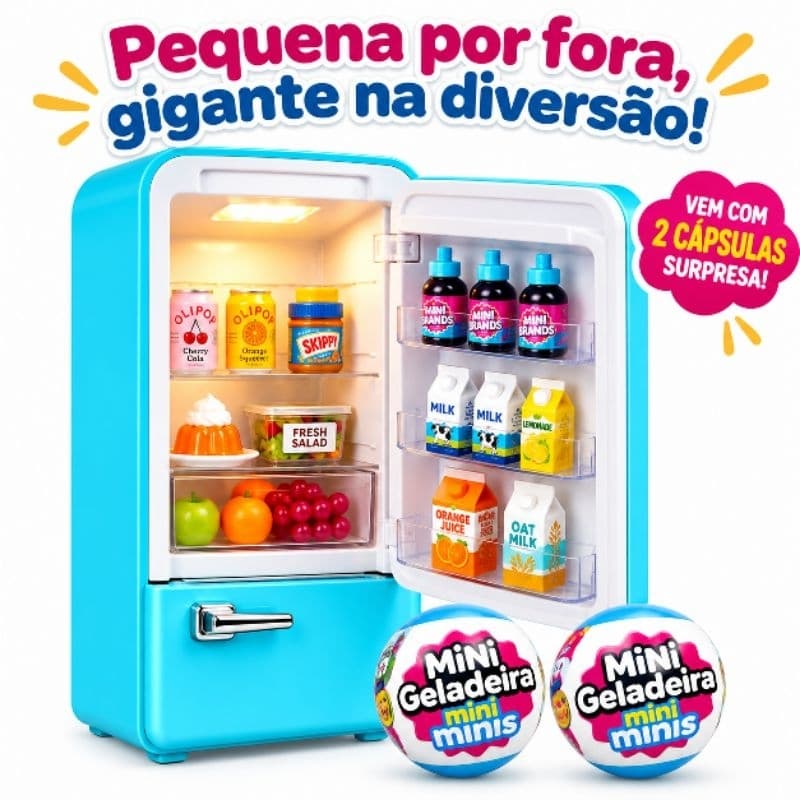 Mini Geladeira Mini Minis com LED e 2 Cápsulas Surpresa (25 cm)